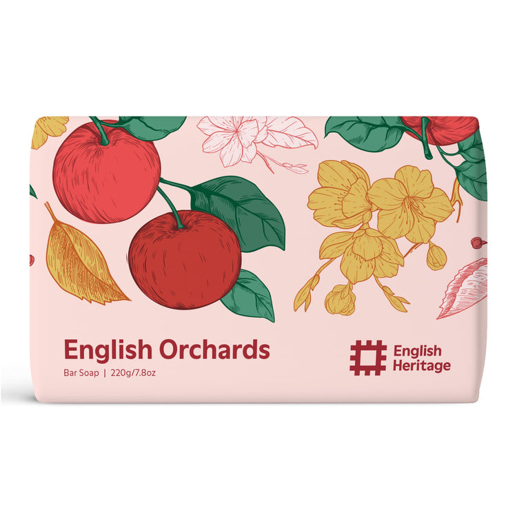 An English Heritage English Orchards apple scented soap bar, beautifully hand wrapped in an illustrated soap wrap
