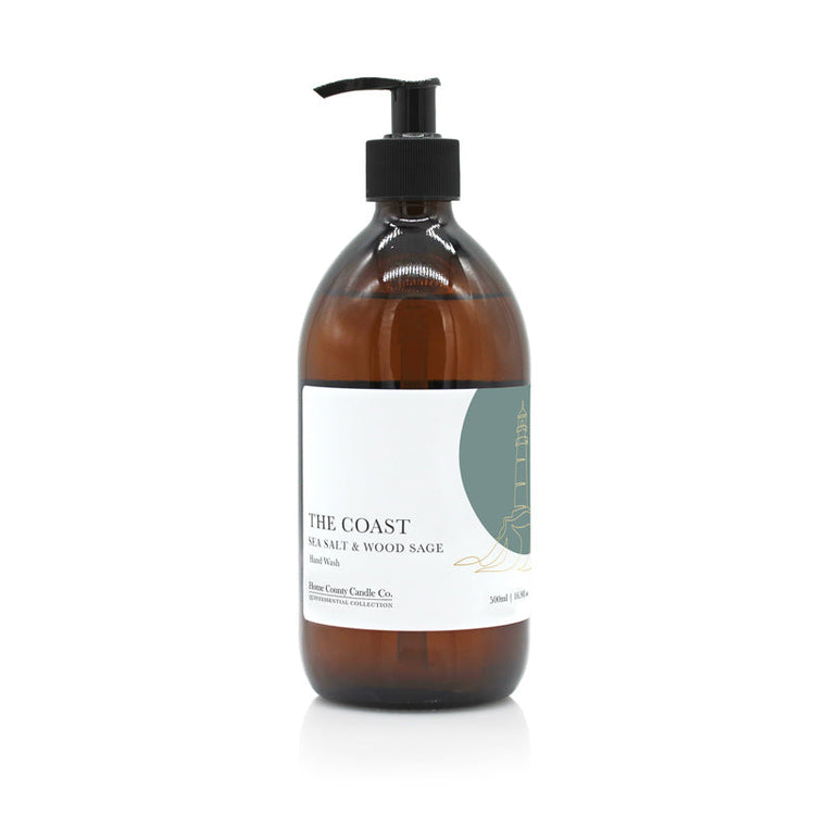 A 500ml coastal sea salt and wood sage liquid hand wash from the Home County Co. is shown in its eco-friendly amber glass bottle