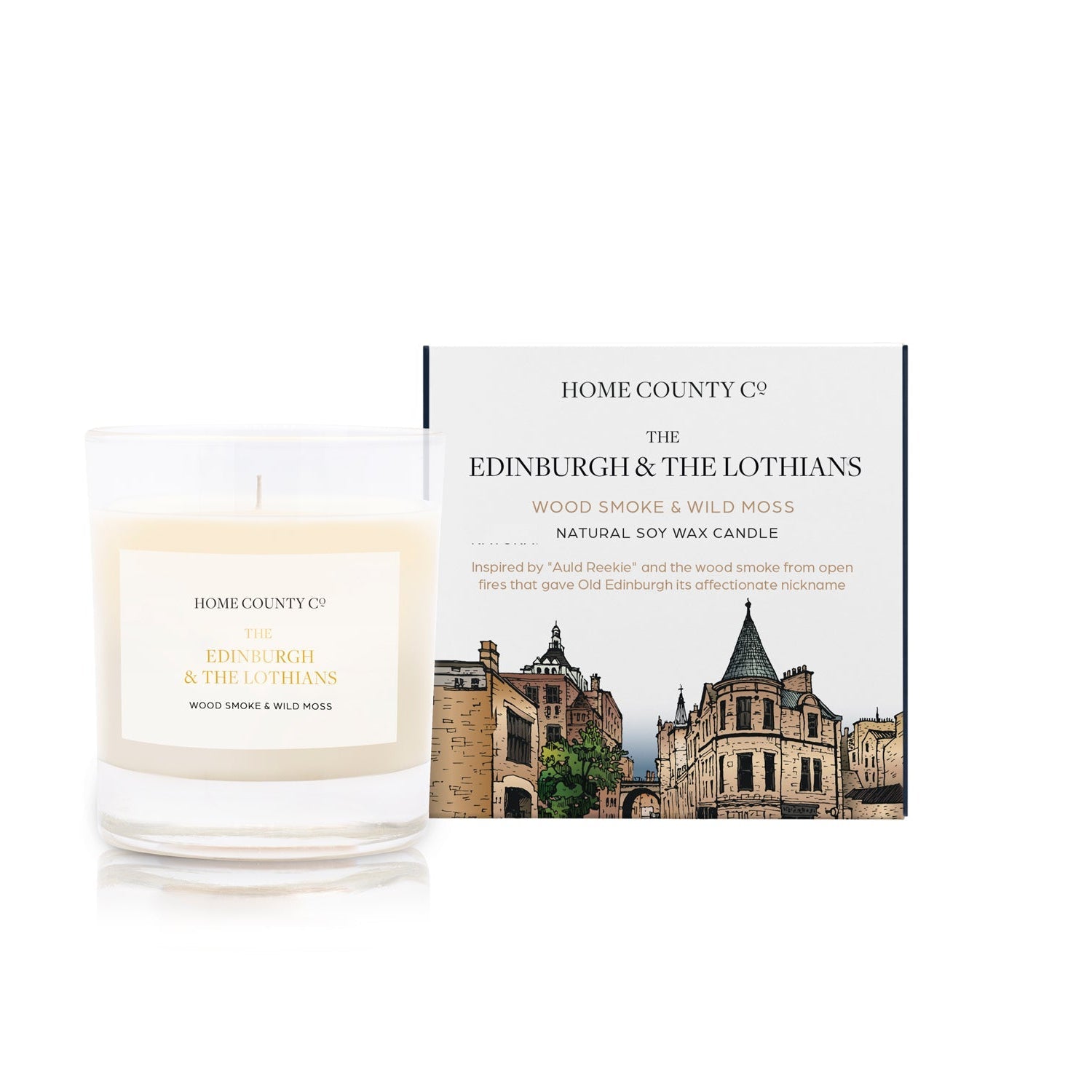 A wood smoke and wild moss scented candle from Home County Co. The cotton wick soy candle is shown next to the eco friendly candle box packaging which displays an illustration of Edinburgh&